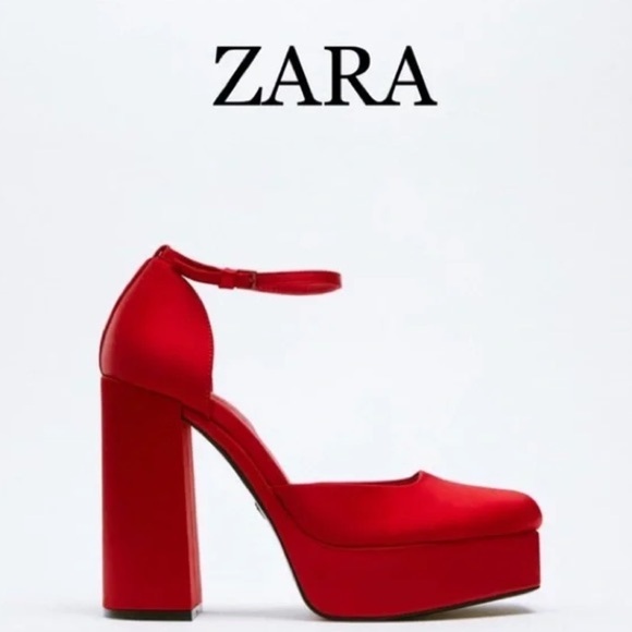 Zara Red Satin Platform Mary Jane Pump Size 40 / 9.5 - Picture 1 of 8